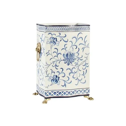 15" Lion Bloom Wastebasket - Cream/Blue - Chelsea House