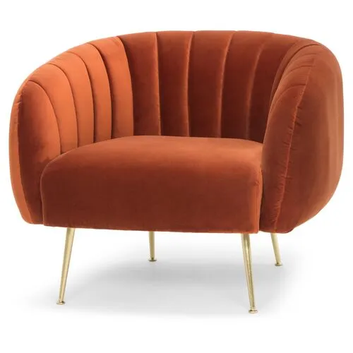 Cayla Channelled Accent Chair - Rust/Brass Velvet - Orange, Comfortable, Durable, Velvet Upholstery