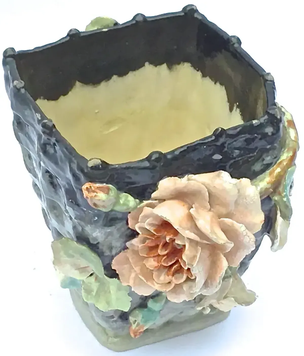 Barbotine Floral Basket Majolica Vase - Vermilion Designs - Green