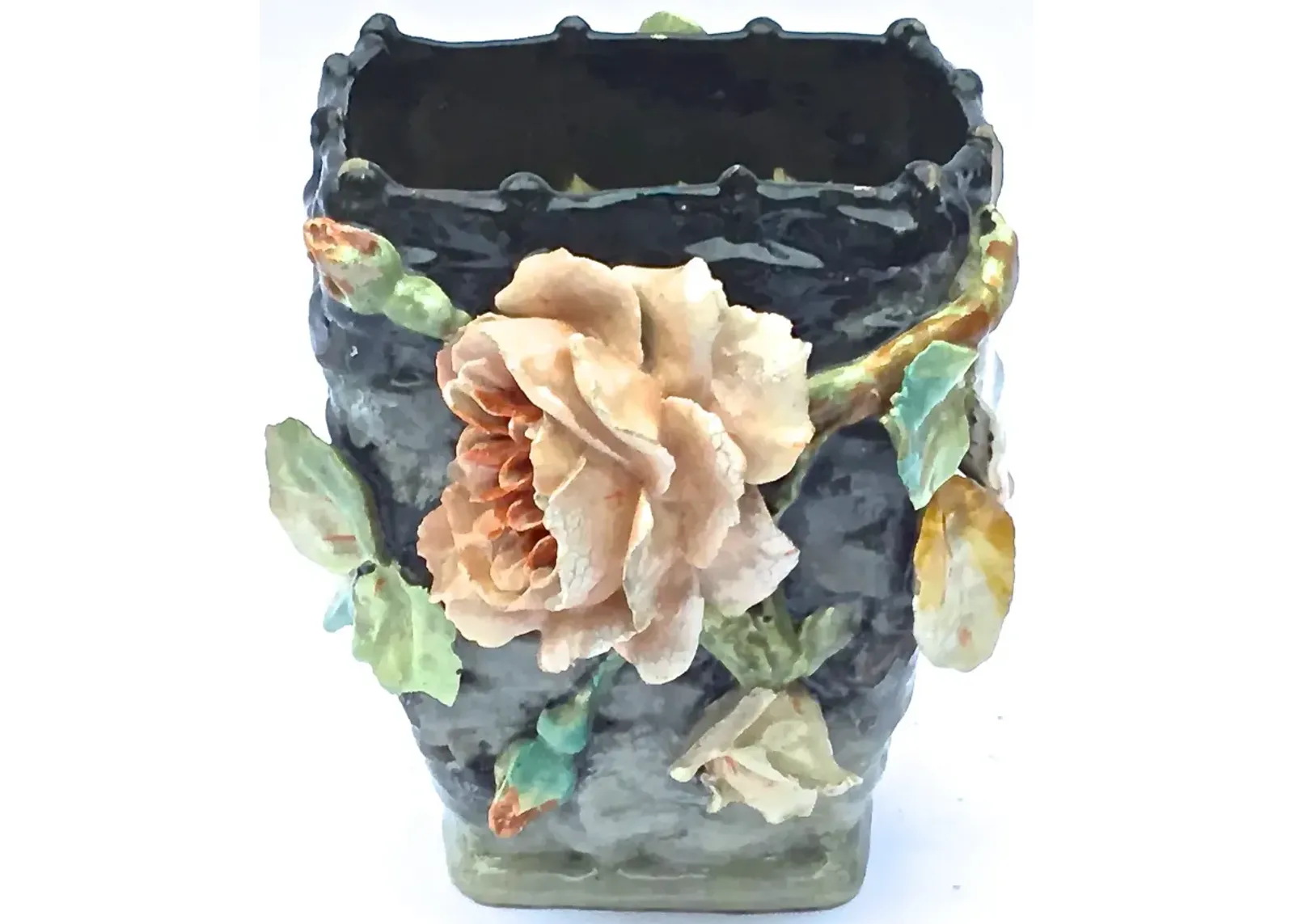 Barbotine Floral Basket Majolica Vase - Vermilion Designs - Green