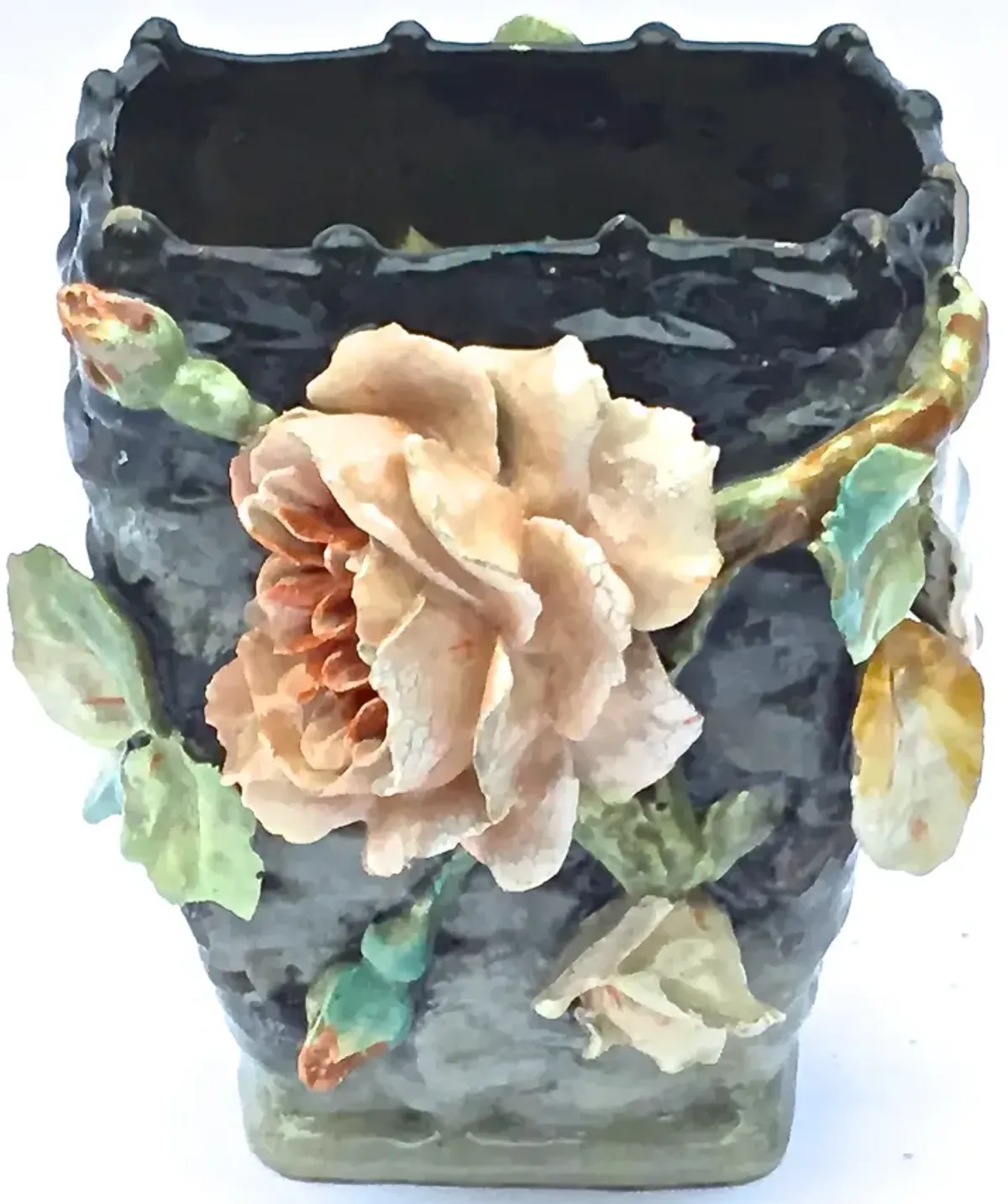 Barbotine Floral Basket Majolica Vase - Vermilion Designs - Green