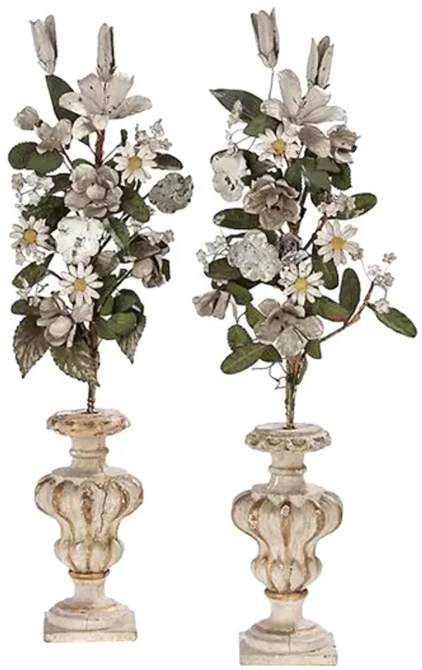 Giltwood Urn & Tole Floral Pieces - Set of 2 - Vermilion Designs - Beige