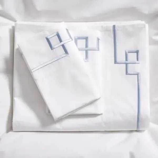 Fretwork Embroidered Sheet Set - Hamburg House - Blue, 300 Thread Count, Egyptian Cotton Sateen, Soft and Luxurious