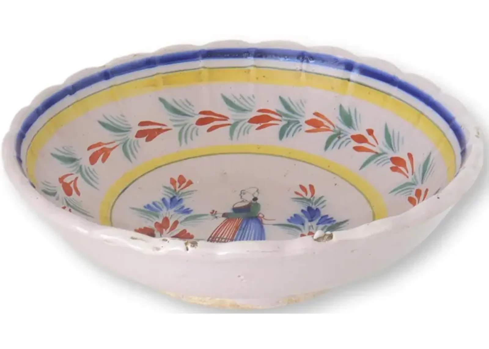 Antique French Quimper Serving Bowl - Yellow