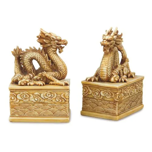 Set of 2 Dragon Bookends - Antiqued Ivory - Port 68 - Beige