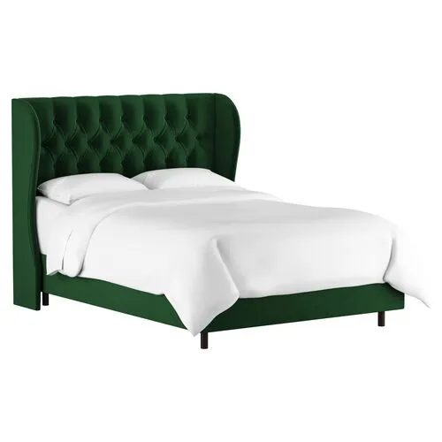 Reed Velvet Wingback Bed - Handcrafted - Green, Mattress, Box Spring Required