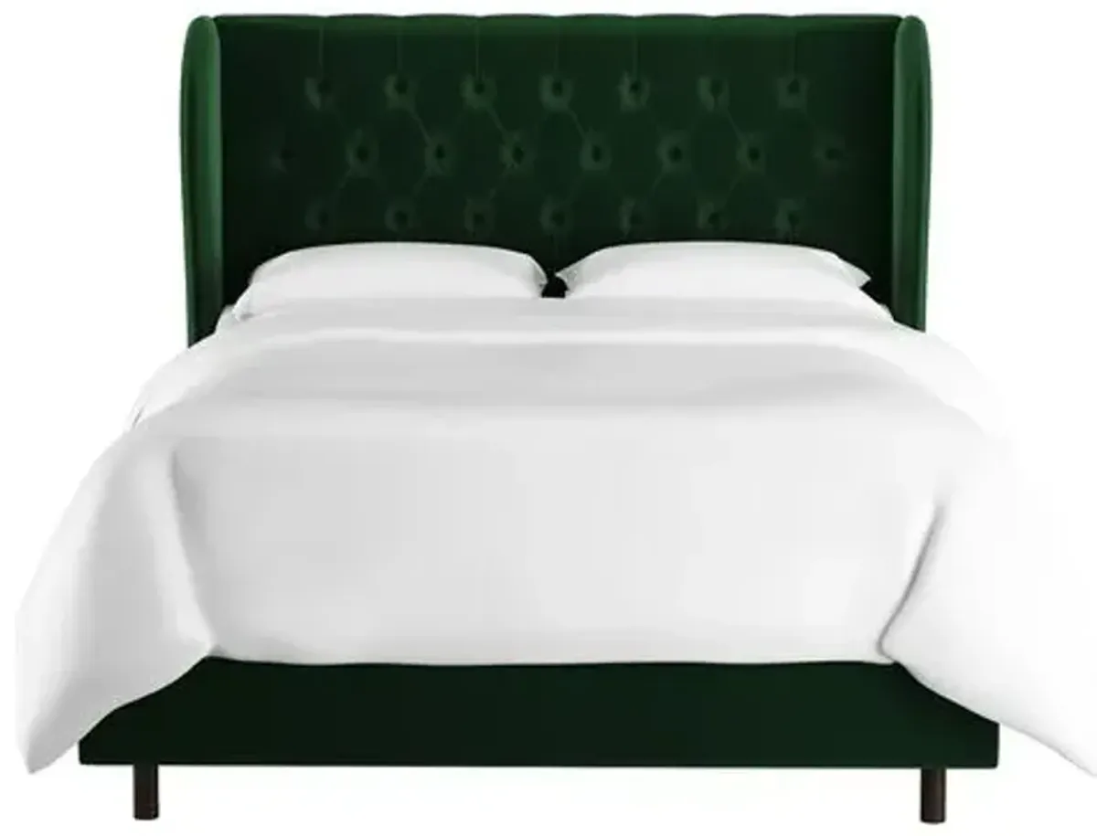 Reed Velvet Wingback Bed - Handcrafted - Green, Mattress, Box Spring Required