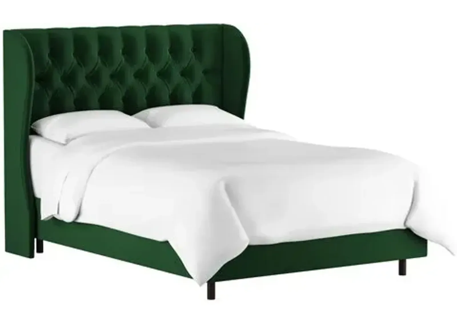 Reed Velvet Wingback Bed - Handcrafted - Green, Mattress, Box Spring Required