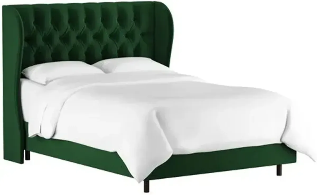 Reed Velvet Wingback Bed - Handcrafted - Green, Mattress, Box Spring Required