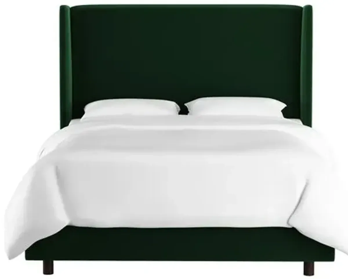 Kelly Velvet Wingback Bed - Handcrafted - Green, Mattress, Box Spring Required