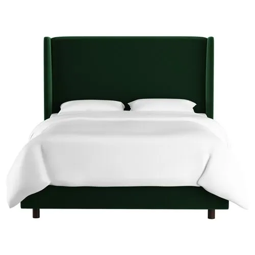 Kelly Velvet Wingback Bed - Handcrafted - Green, Mattress, Box Spring Required