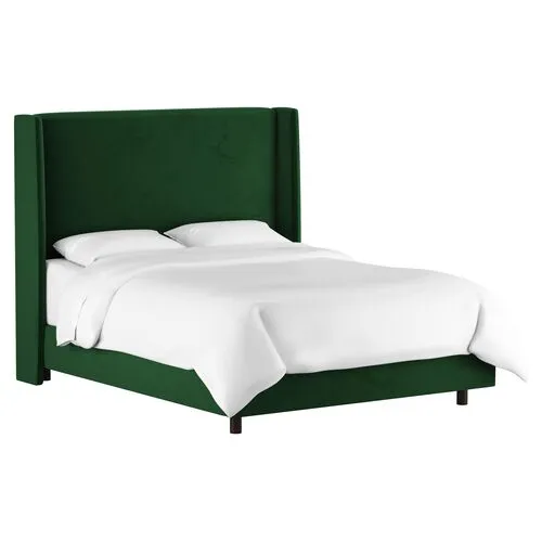 Kelly Velvet Wingback Bed - Handcrafted - Green, Mattress, Box Spring Required