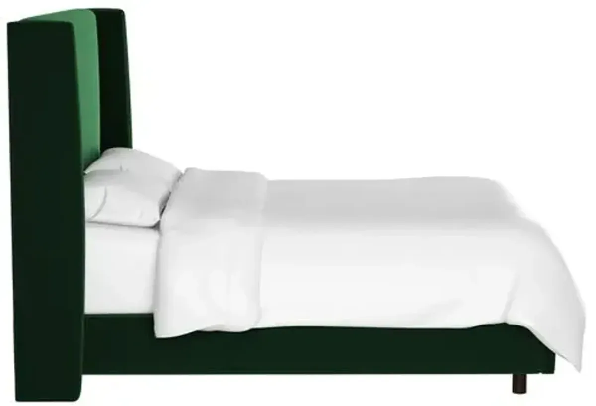 Kelly Velvet Wingback Bed - Handcrafted - Green, Mattress, Box Spring Required