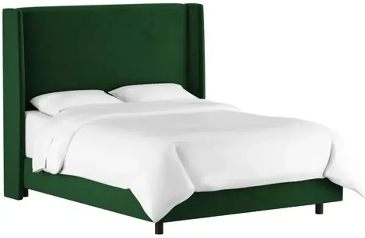 Kelly Velvet Wingback Bed - Handcrafted - Green, Mattress, Box Spring Required