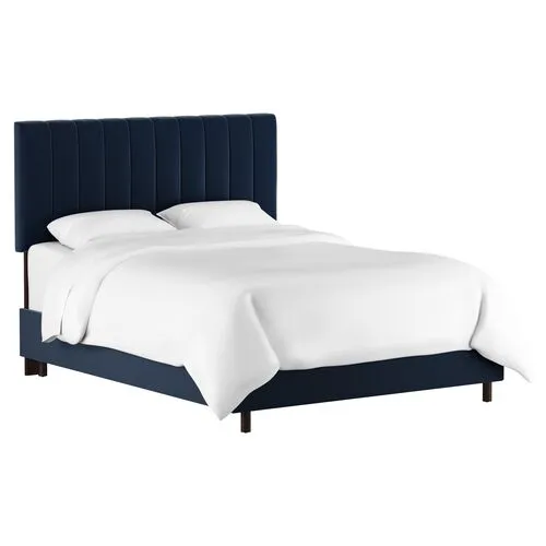 Delmar Velvet Channeled Bed - Handcrafted - Blue