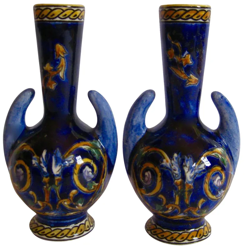 French Faience Gien Vases - Set of 2 - The Emporium Ltd. - Blue