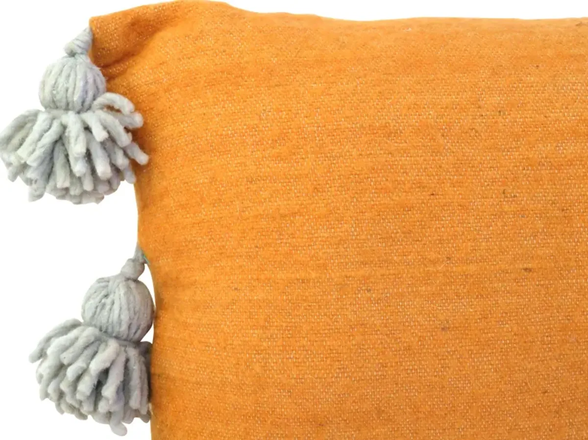 Gold and Silvery Blue Pom Pom Pillow - Habibi Imports