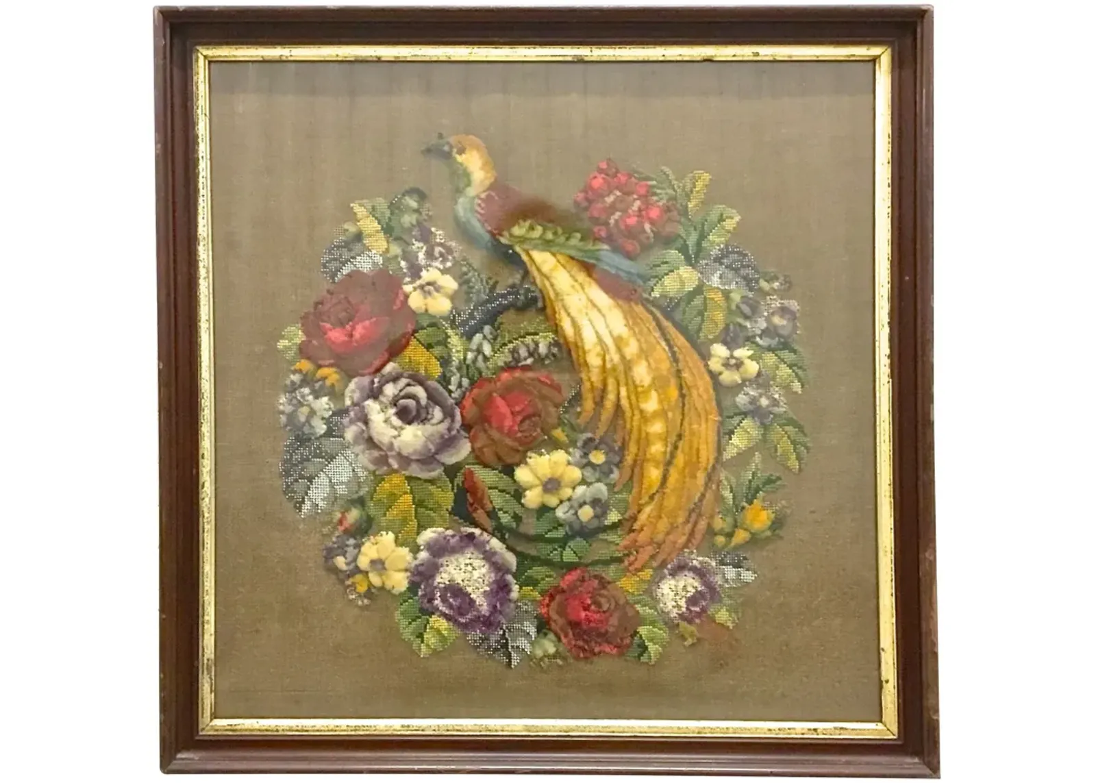 Framed Pheasant & Floral Needlepoint - Vermilion Designs - Brown