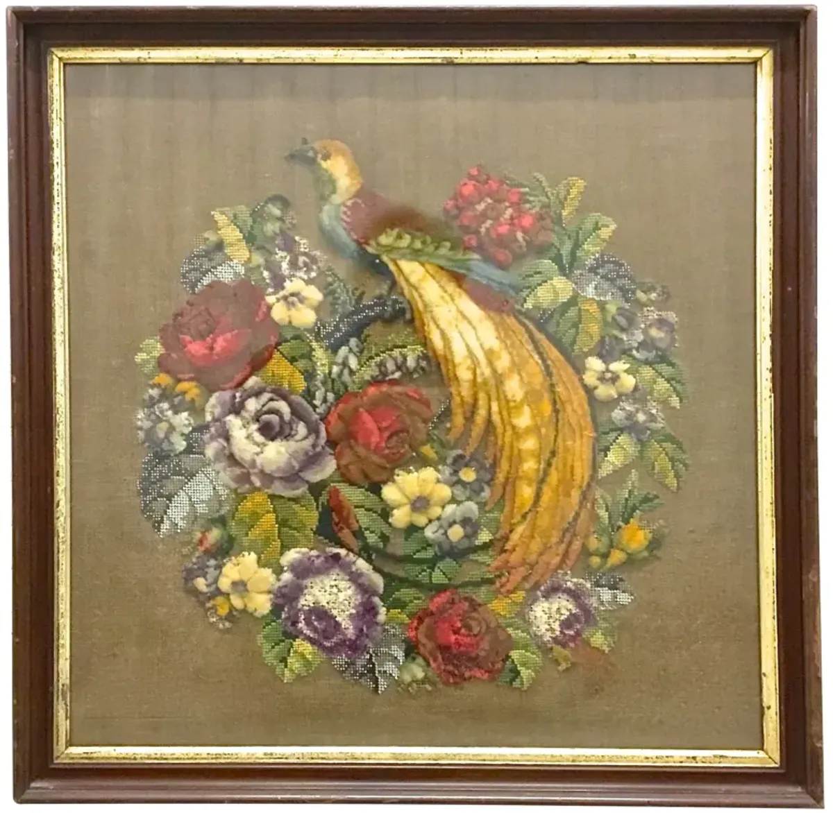 Framed Pheasant & Floral Needlepoint - Vermilion Designs - Brown