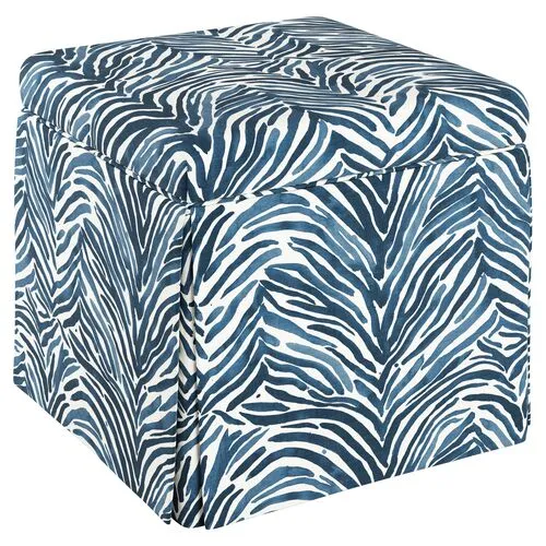 Anne Skirted Storage Ottoman - Blue Zebra - Handcrafted