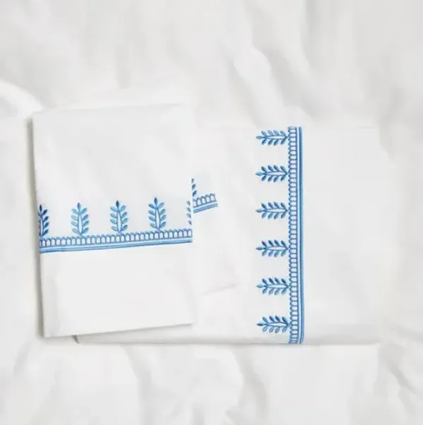 Vivaan Sheet Set - Jay Blue - Hamburg House - White, 300 Thread Count, Egyptian Cotton Sateen, Soft and Luxurious