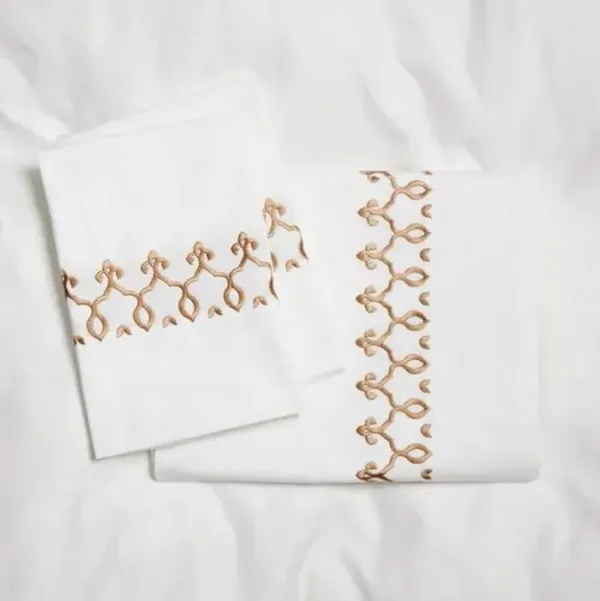 Marrakesh Sheet Set - Rattan - Hamburg House - White, 300 Thread Count, Egyptian Cotton Sateen, Soft and Luxurious