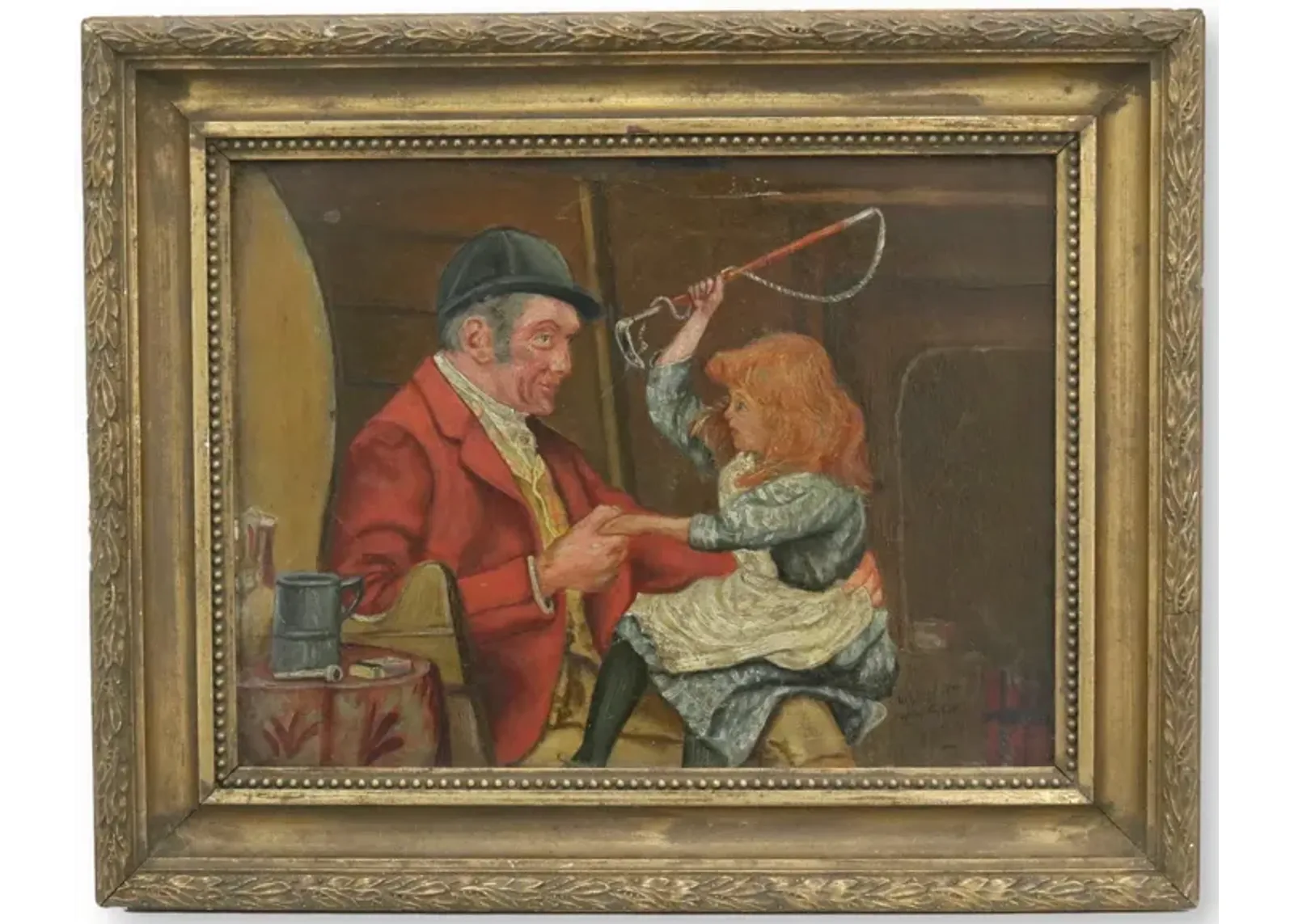 1899 Oil of Man & Girl After The Hunt - Gold