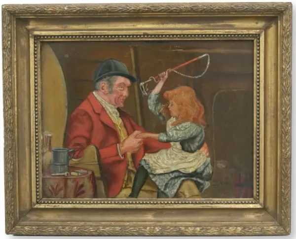 1899 Oil of Man & Girl After The Hunt - Rose Victoria - Gold