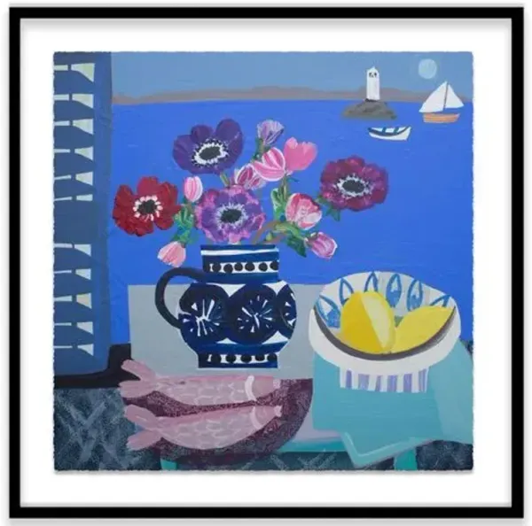 Emma Williams - Mixed Anemones and Lemons Painting - Blue