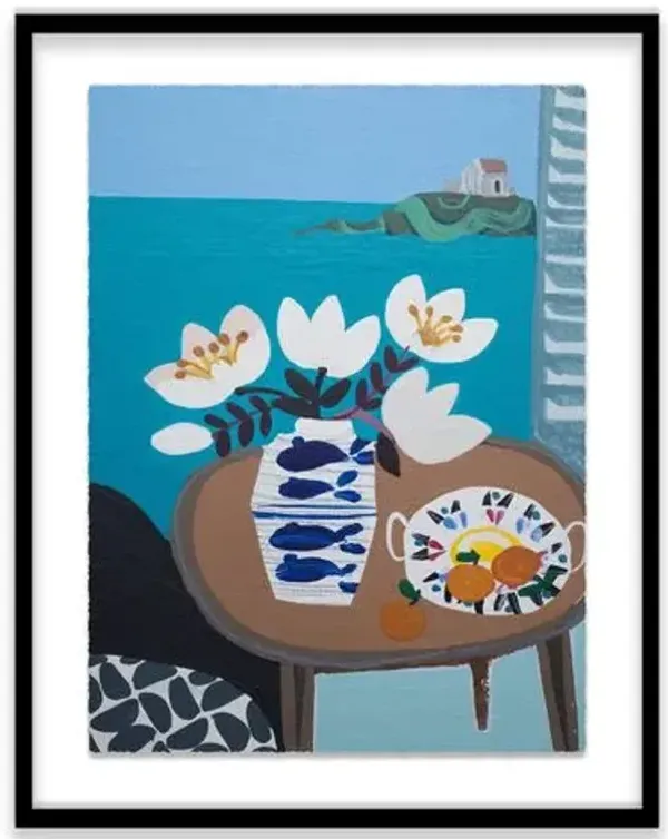 Emma Williams - White Tulips in Fish Vase Painting - Blue