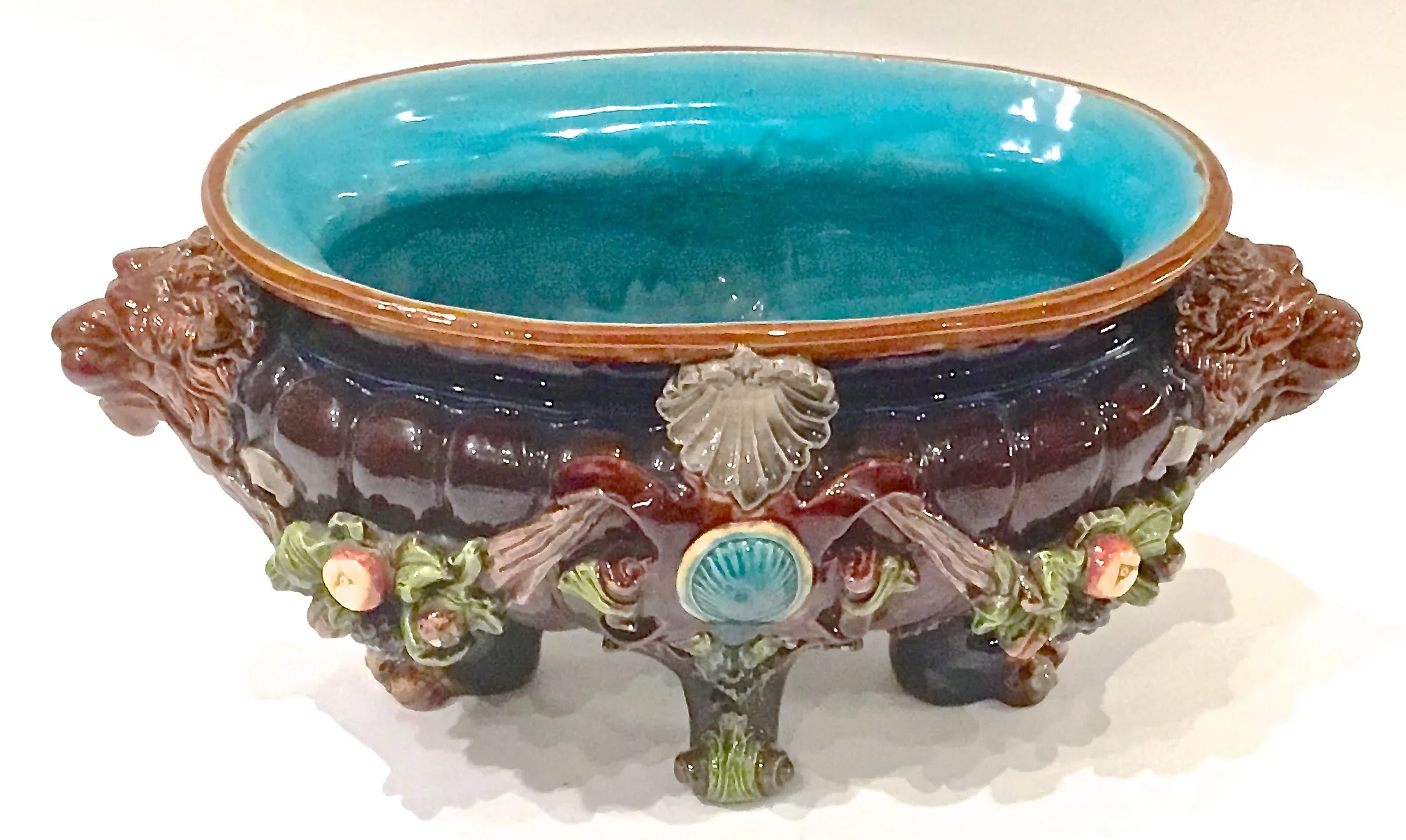 Majolica Fruit & Lion Cachepot - Vermilion Designs - Blue