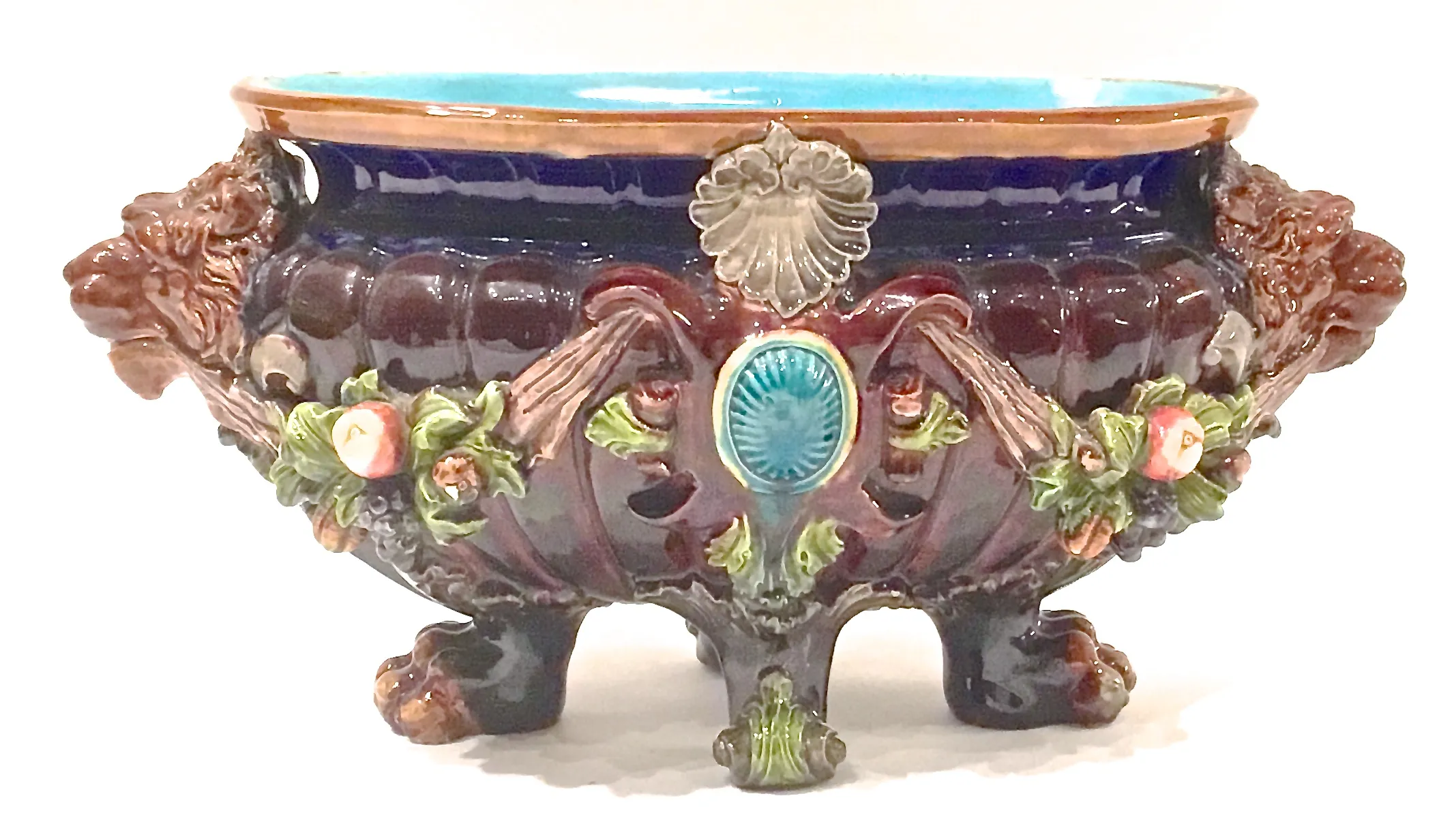 Majolica Fruit & Lion Cachepot - Vermilion Designs - Blue