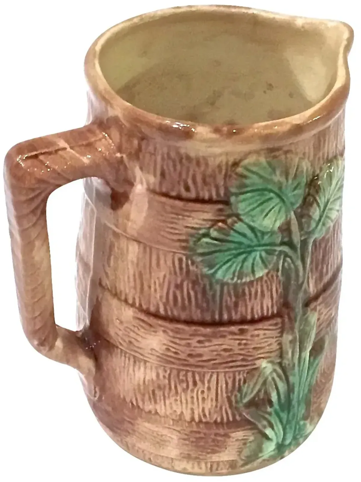 Antique Majolica Leaf & Barrel Pitcher - Vermilion Designs - Brown