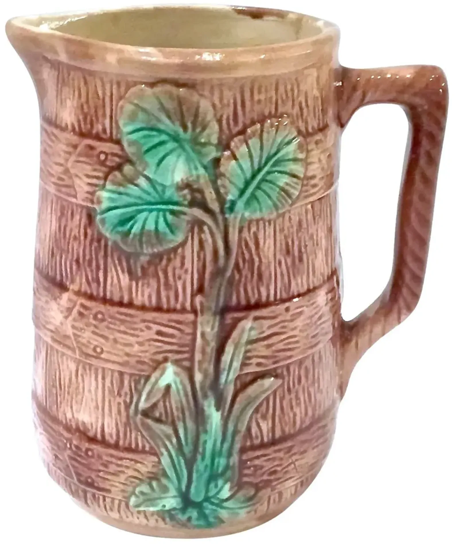 Antique Majolica Leaf & Barrel Pitcher - Vermilion Designs - Brown