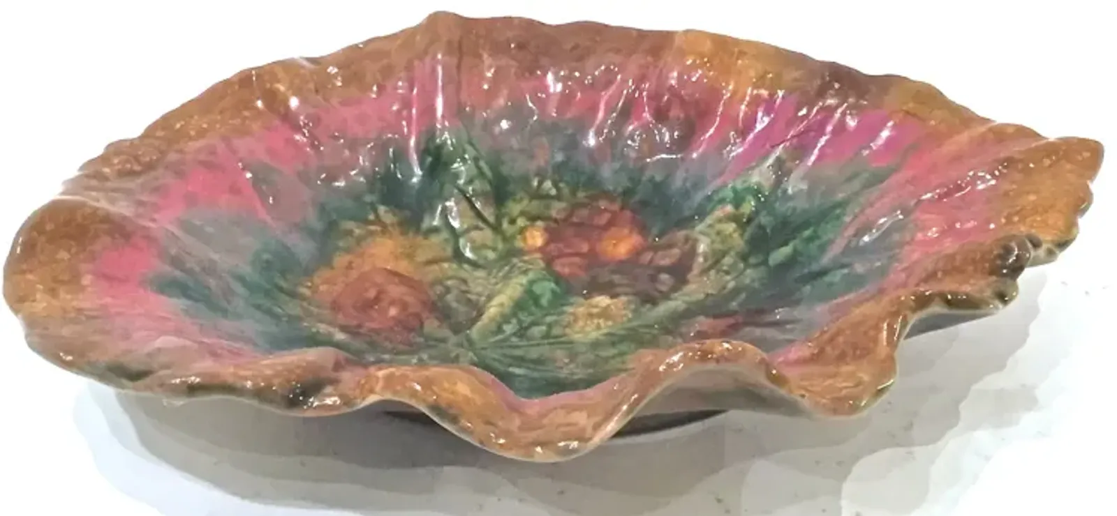 Antique Etruscan Majolica Leaf Bowl - Vermilion Designs - pink