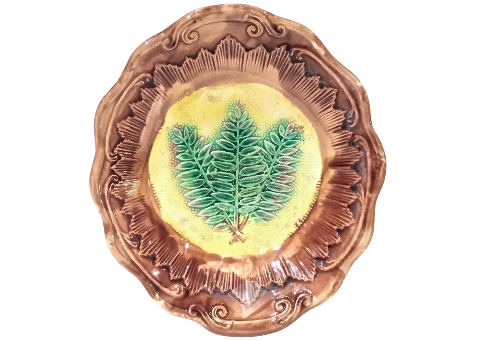 Antique Majolica Fern Bowl - Vermilion Designs - Brown