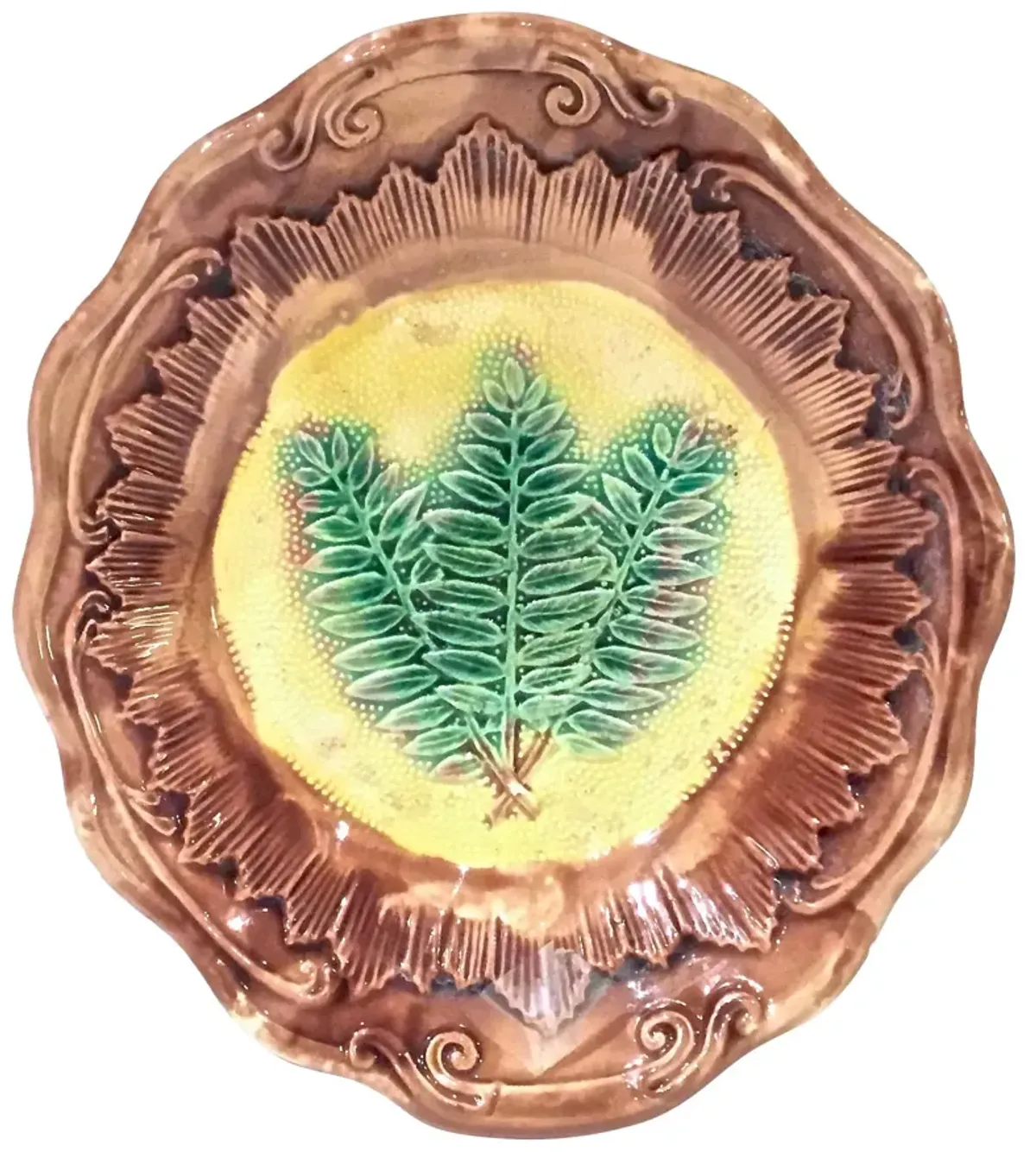 Antique Majolica Fern Bowl - Vermilion Designs - Brown