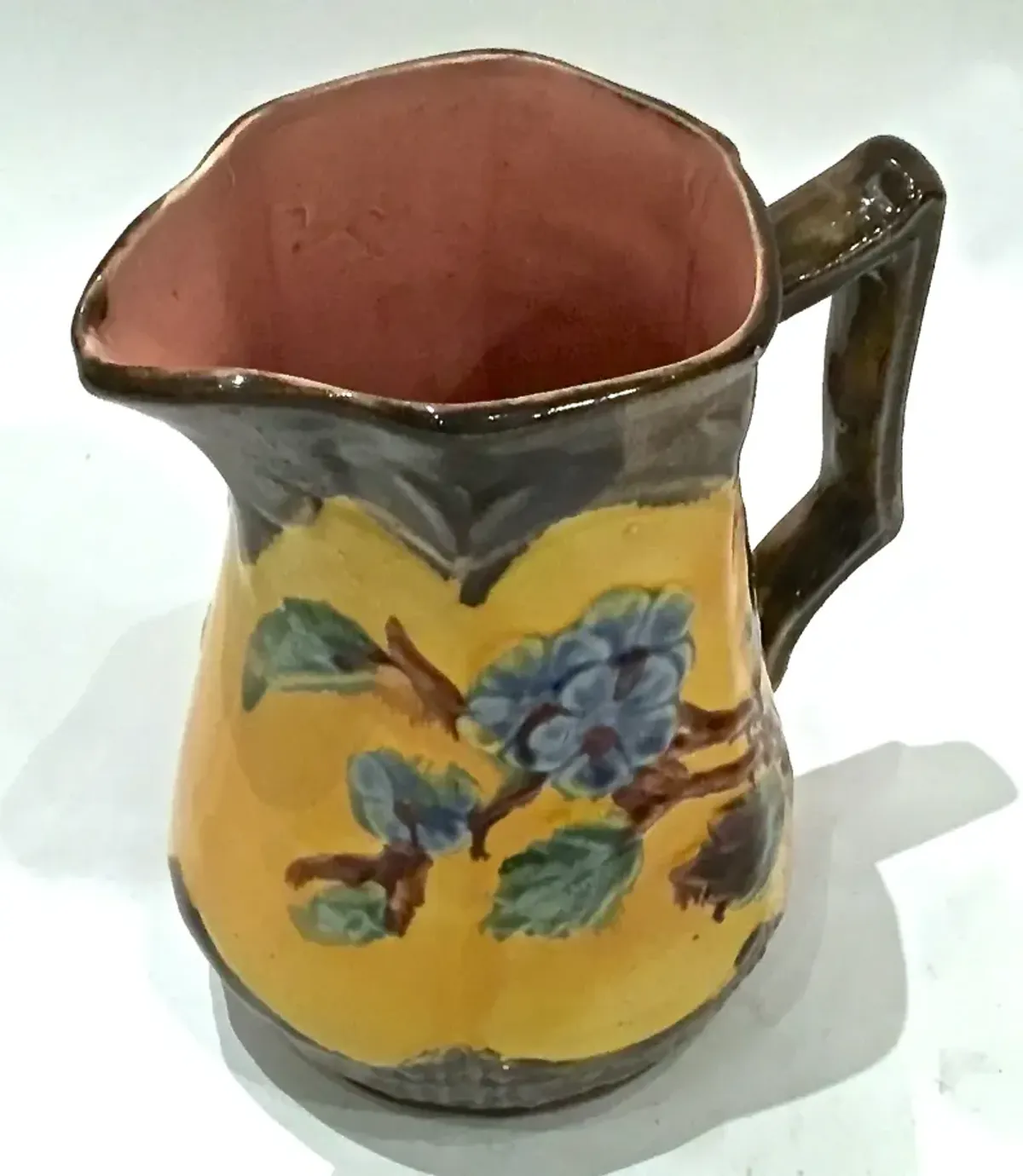 Antique Majolica Floral & Leaf Pitcher - Vermilion Designs - Yellow