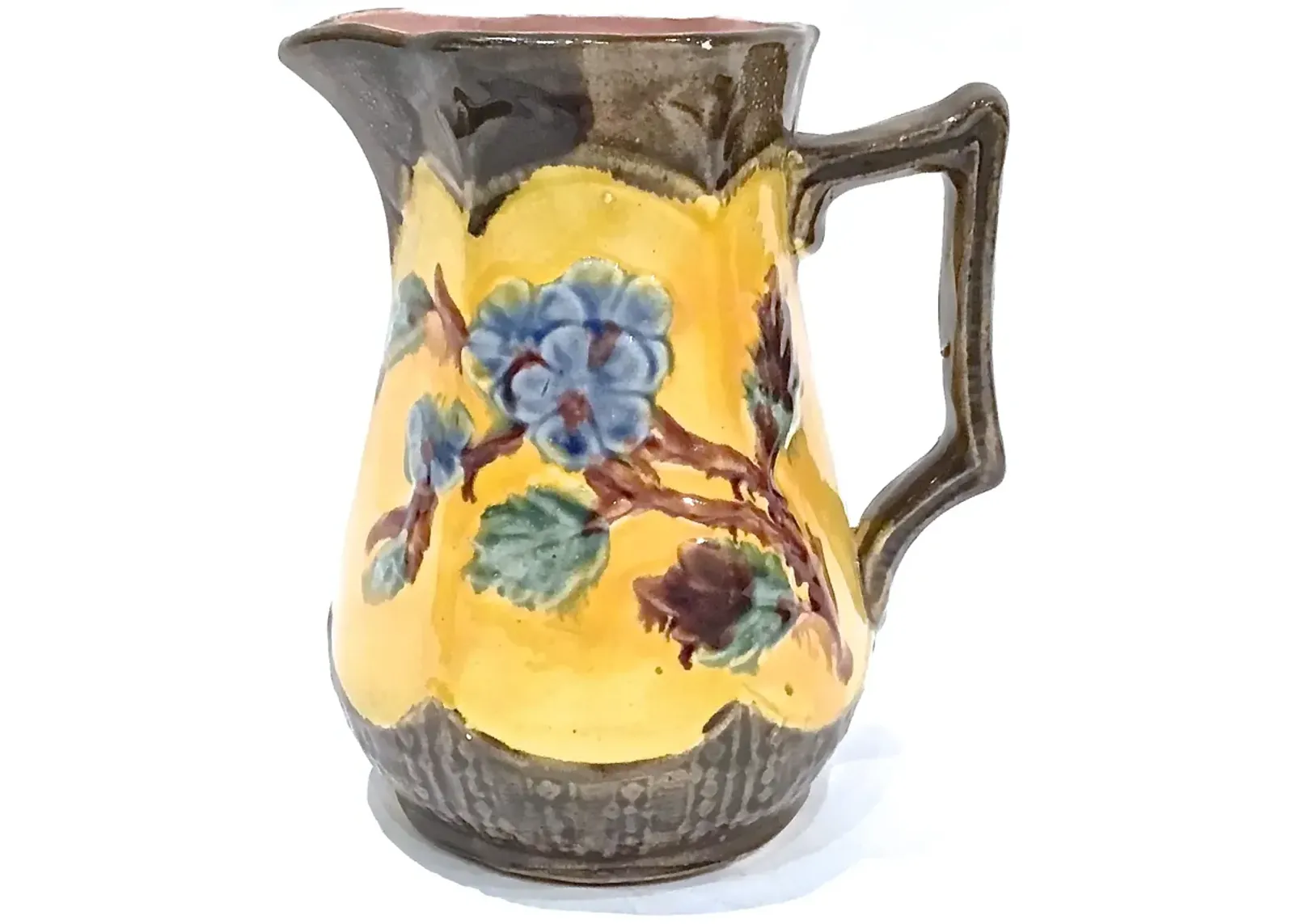 Antique Majolica Floral & Leaf Pitcher - Vermilion Designs - Yellow