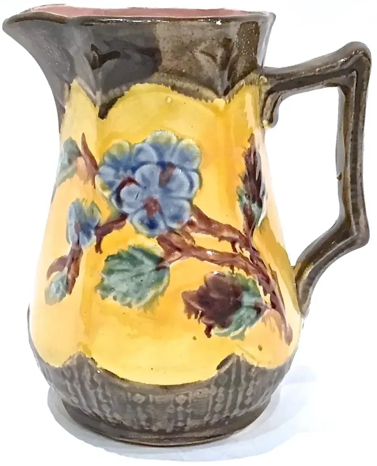 Antique Majolica Floral & Leaf Pitcher - Vermilion Designs - Yellow