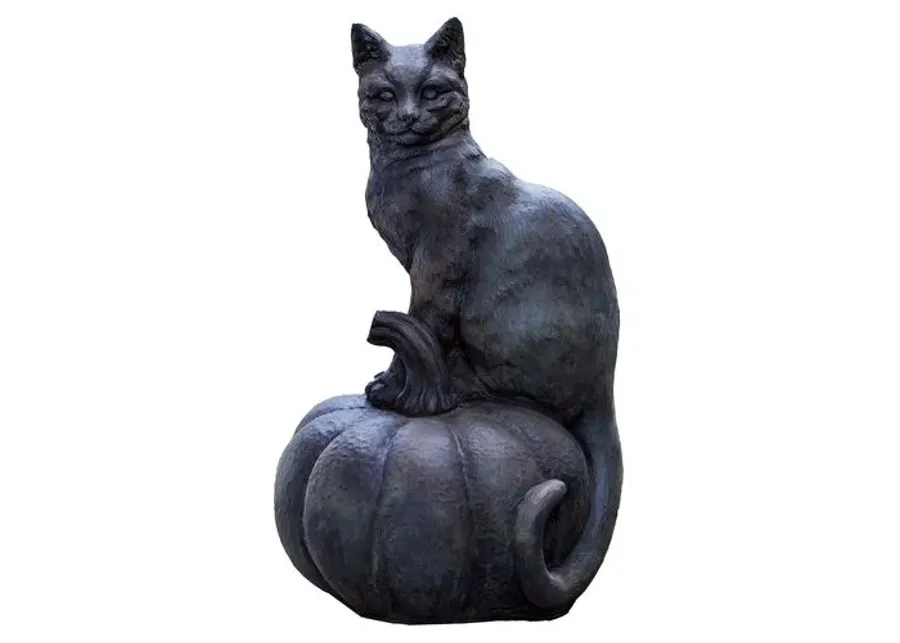 18" Cat-on-Pumpkin Outdoor Statue - Black - Campania International