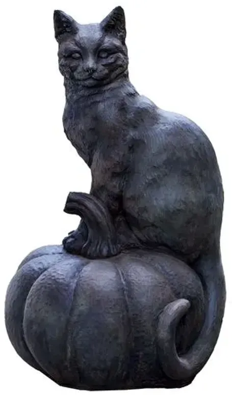 18" Cat-on-Pumpkin Outdoor Statue - Black - Campania International