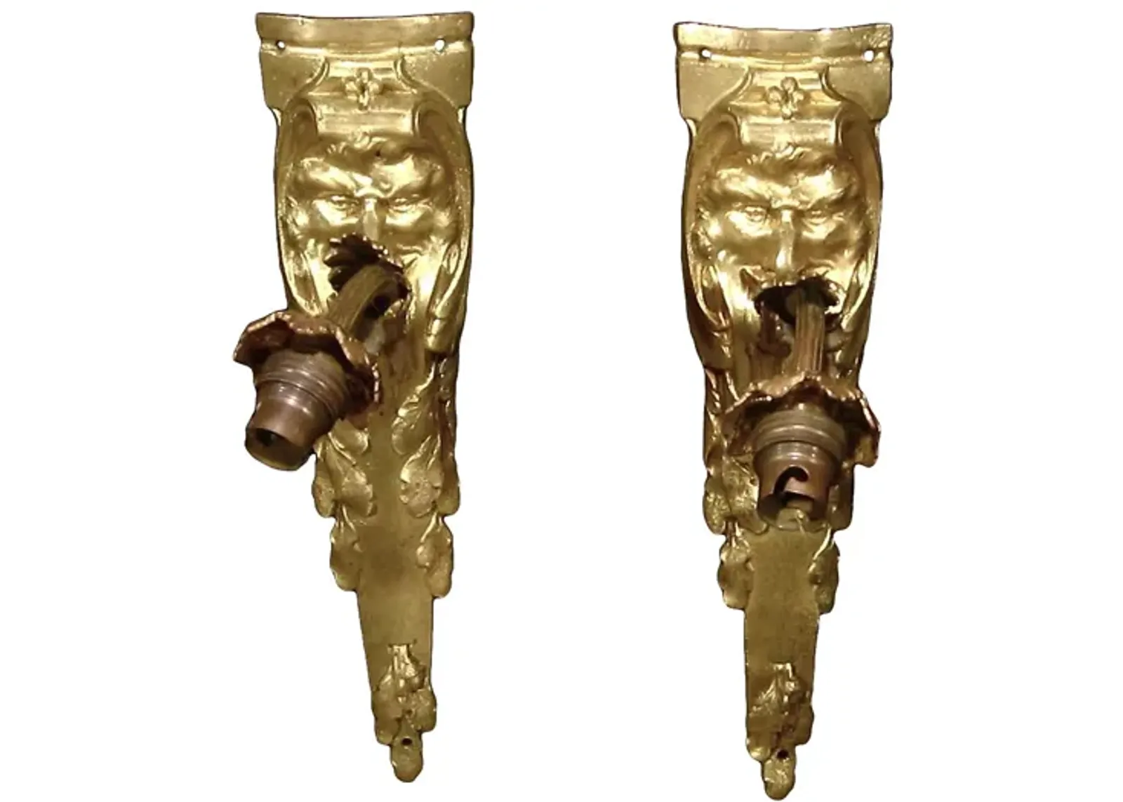 19th C. Neoclassical Mask Sconces - Set of 2 - Something Vintage - Gold