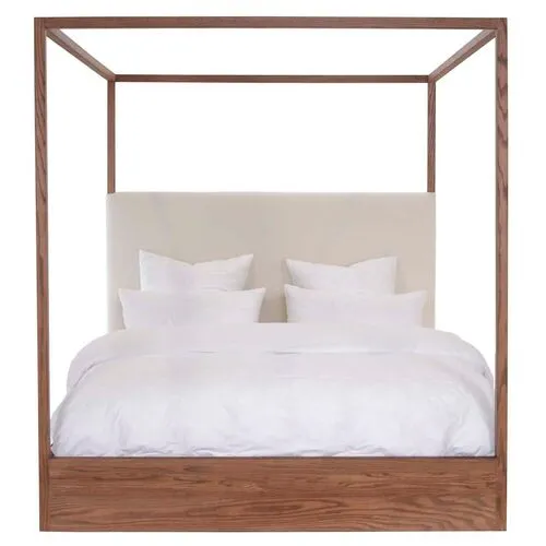 Eastern Canopy Bed - Oak/Ivory Linen - Community, Upholstered Headboard