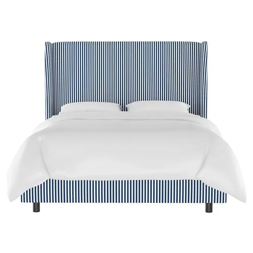 Kelly Wingback Bed - Navy Pinstripe - Handcrafted - Blue, Mattress, Box Spring Required