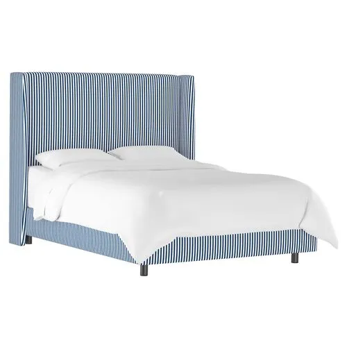 Kelly Wingback Bed - Navy Pinstripe - Handcrafted - Blue, Mattress, Box Spring Required