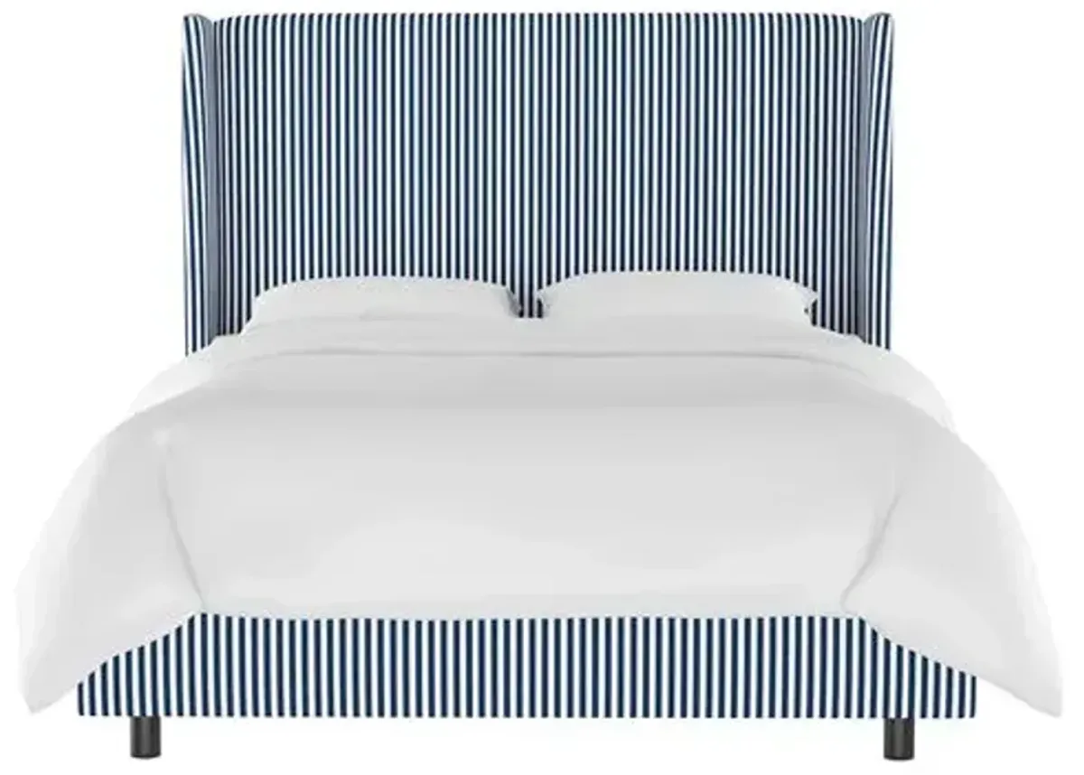 Kelly Wingback Bed - Navy Pinstripe - Handcrafted - Blue, Mattress, Box Spring Required