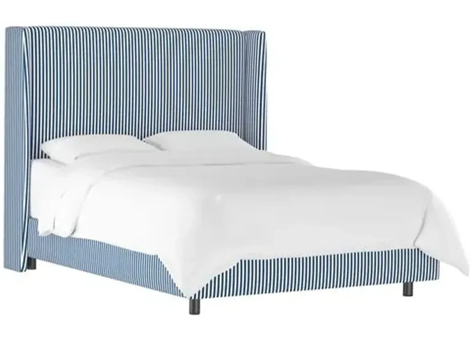 Kelly Wingback Bed - Navy Pinstripe - Handcrafted - Blue, Mattress, Box Spring Required