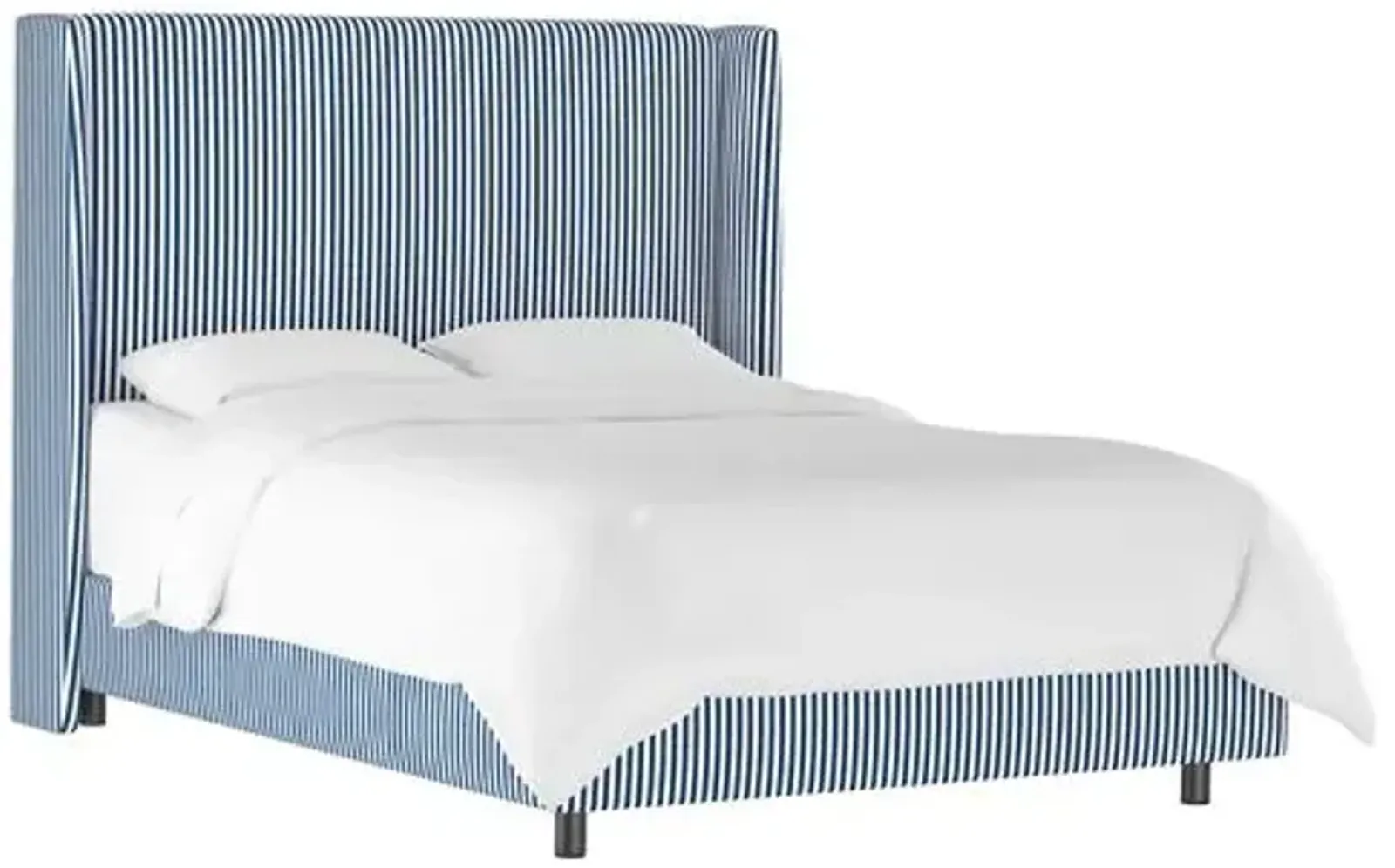 Kelly Wingback Bed - Navy Pinstripe - Handcrafted - Blue, Mattress, Box Spring Required