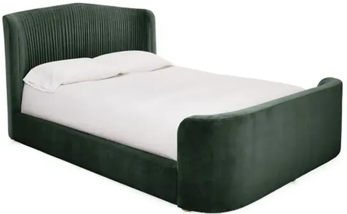 Clio Velvet Panel Bed - Green - Upholstered, Mattress, Box Spring Required